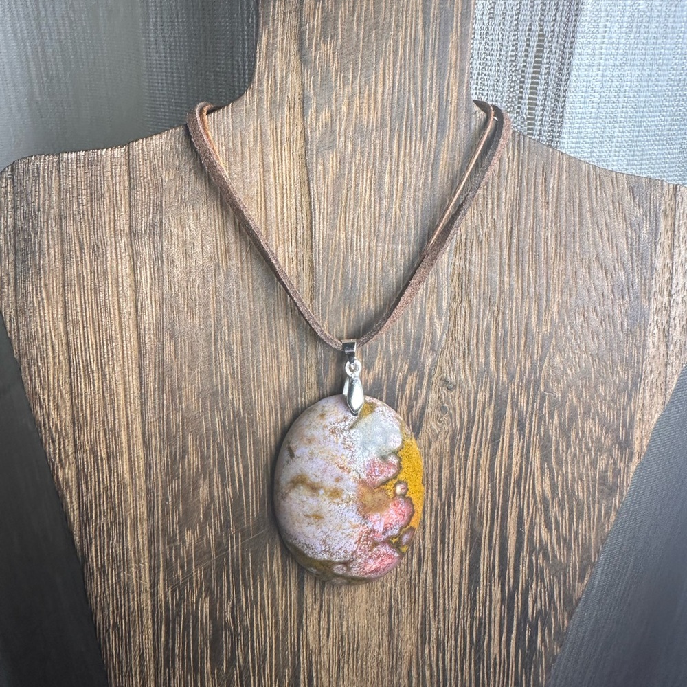 Ocean Jasper Oval Pendant Necklace on Brown Faux Suede - Picture 9 of 15
